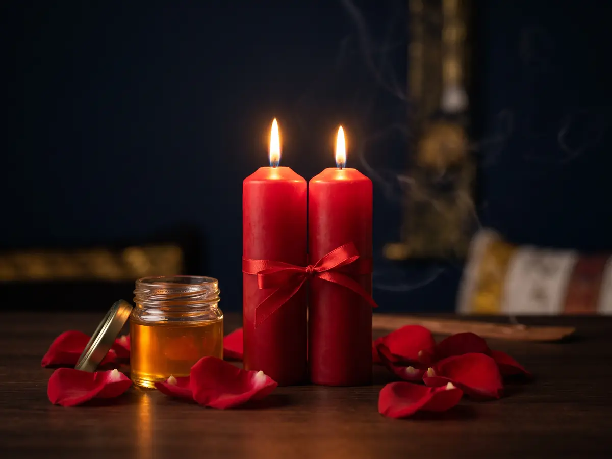 Velas y elementos de una ceremonia espiritual para el amor.