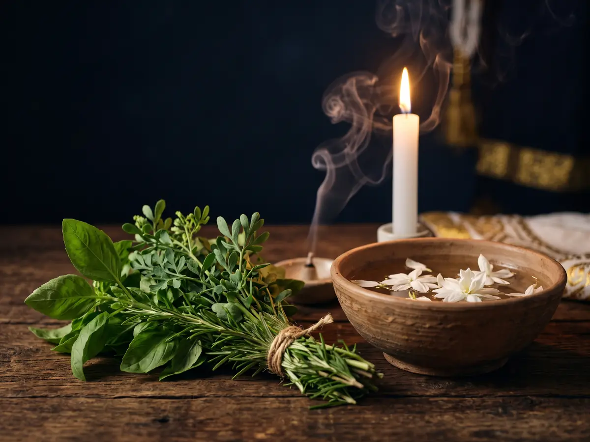 Altar para limpias espirituales con velas encendidas y hierbas.