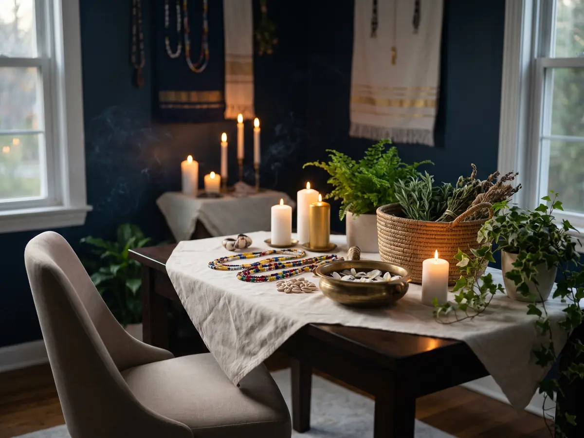 Espacio de trabajo espiritual con velas y elementos de la tradición yoruba.